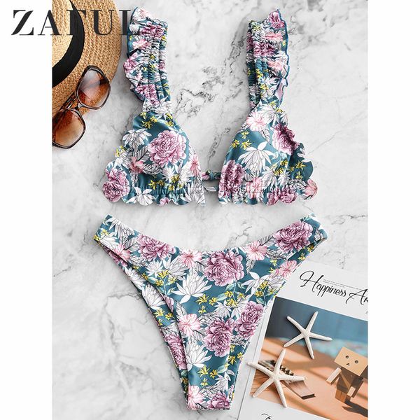 

zaful bikini women ruffle bikini floral print swimsuit strapless swimwear monokini set string high cut bathing suit