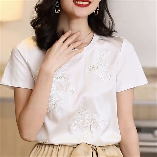 

сатин шелк белой с коротким рукавом женских 2020 дизайна случайных футболками белой футболкой все-матч вышивка шить верх, White