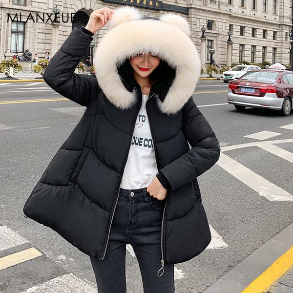 

solid fur hooded cotton coats women harajuku plus size winter jackets coat female korean a-line warm long jacket sweet outeewear, Tan;black