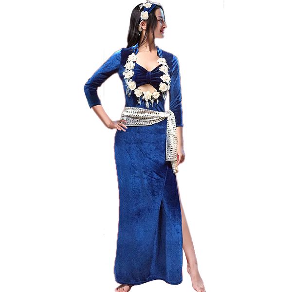 

ladies autumn winter belly dance costumes robe 3pcs a set robe belt headband women dancing practice costumes bellydance dress, Black;red