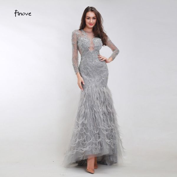 

finove beading mermaid evening dresses 2019 new arrivals tulle elegant feathers long sleeves fashionable dresses for women 12077, Black;red