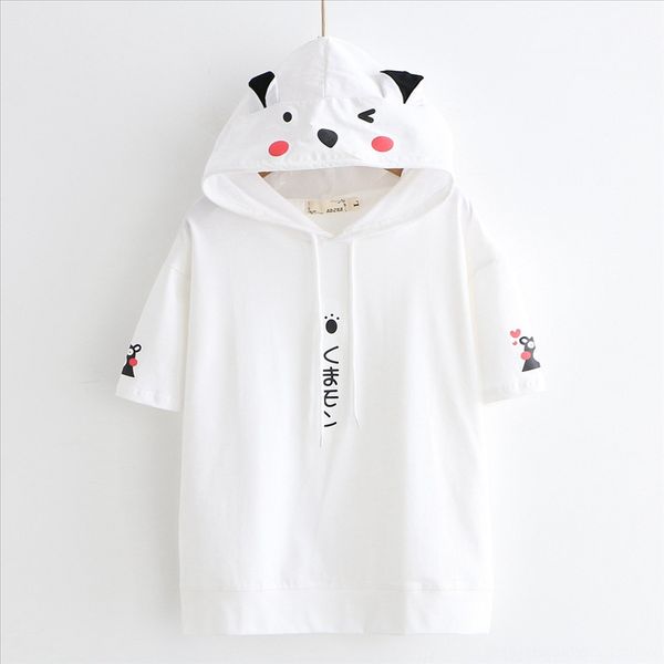 

short-sleeved t-shirt summer 2019 women's cotton loose all-match hooded t-shirt pullover pullover women's 7058, White