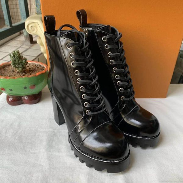 Outono inverno mulheres tornozelo botas de saltos altos saltos chunky 9.5cm plataforma de couro curto montanhas preto senhoras sapatos de boa qualidade35-42