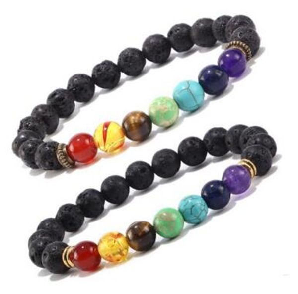 

mix 7 color bracelets black natural lava 7 chakra healing balance 8mm beads bracelet for men women reiki prayer stones