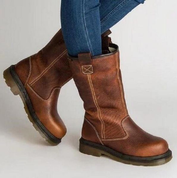 

women mid-calf boots zapatos mujer ladies vintage pu leather shoes woman chunky low heels sapato feminino warm booties, Black