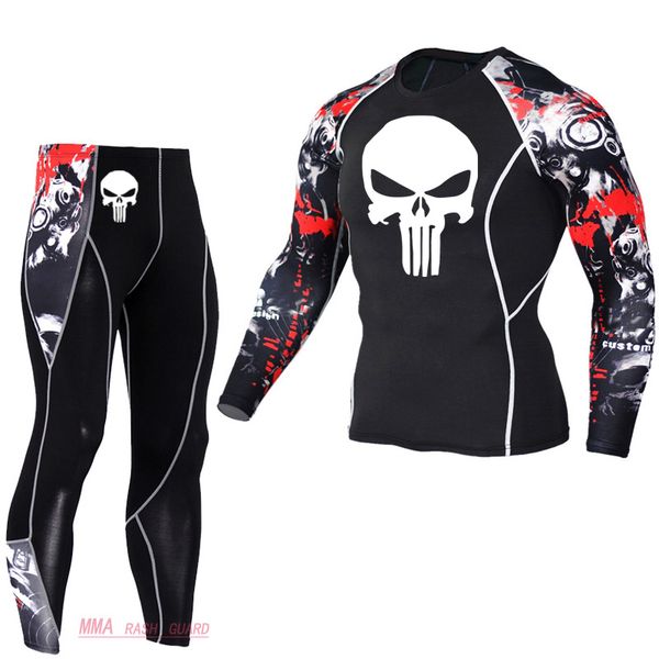 

running suit skull t-shirt long sleeve bodybuilding rash guard male jogging suits full man cycling tracksuit sports suit, Black;blue