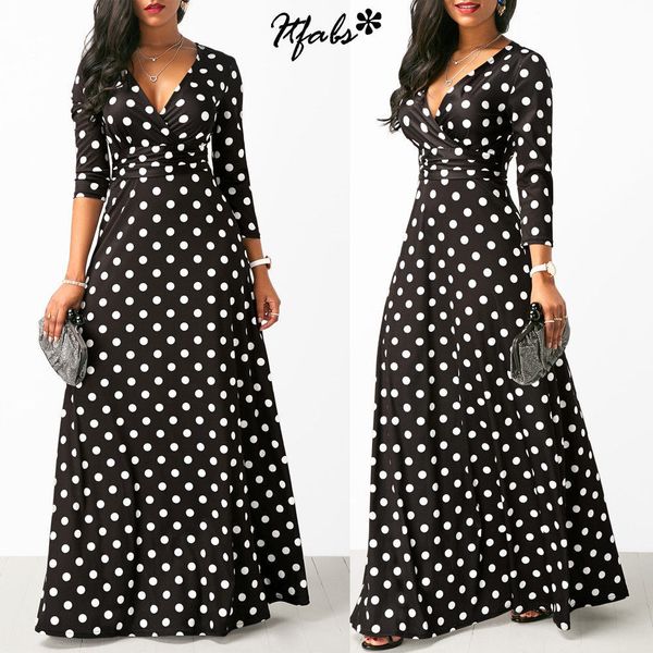 

vestido largo maxi para mujer, bohemio, con cuello en v, manga tres cuartos, estampado de puntos, Ã©tnico, de verano, para la playa, estilo, Black;gray