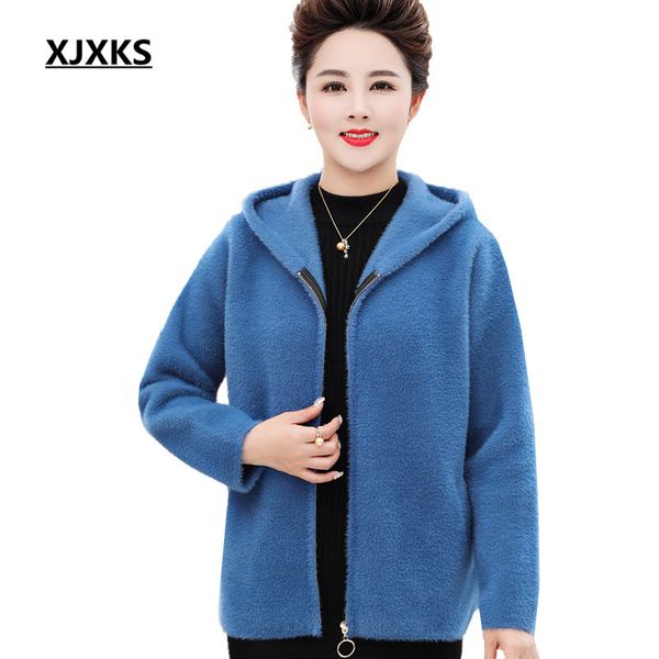 

xjxks 2019 winter new thick warm comfortable fashion hooded women jacket loose plus size zipper cardigan women coat, Black