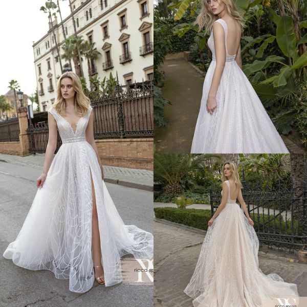 

2020 bohemian wedding dress with detachable train v neck sequins beaded bridal gown backless sleeveless ruffled high split robes de mariÃ©e, White