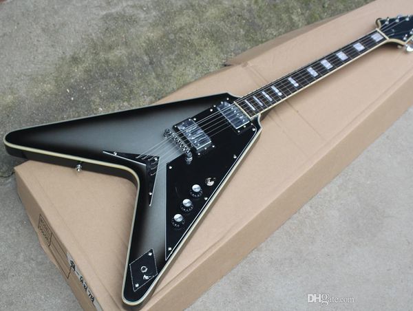 

prata flying v da guitarra elÃ©trica com bloco de embutimento, ponte fixa, preto pickguard, escala em rosewood, oferta personalizada serviÃ§os