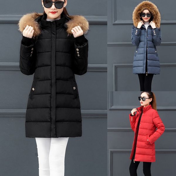 

2019 winter jacket women fashion outerwear long cotton-padded jackets pocket faux fur hooded coats parka plus size coat f1, Black