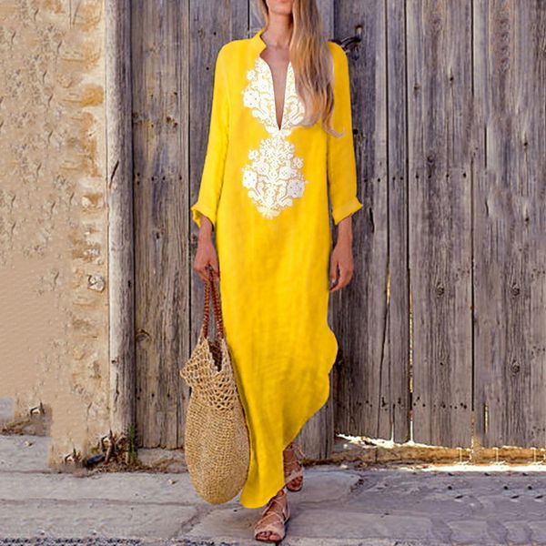 

2018 women dress autumn long sleeve deep v neck split dresses plus size fashion boho floral print linen party dress vestido, Black;gray