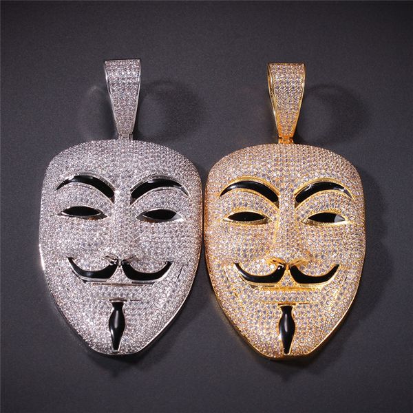 

18k gold plated v for vendetta mask pendant necklace iced out full zircon charm mens hip hop jewelry gift, Silver