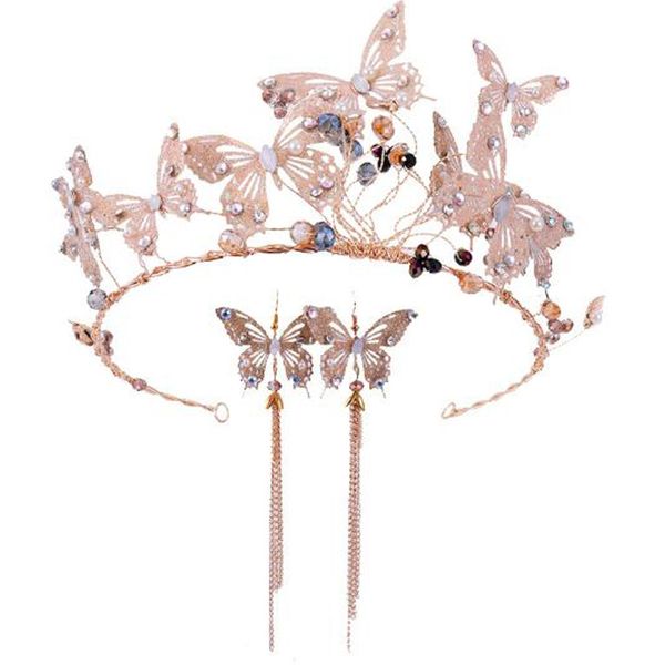 

bridal crown earrings set rhinestone butterfly crown headband tassel long earrings wedding accessories, Slivery;golden