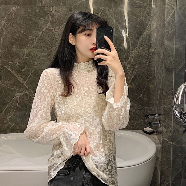 

women shirts full sleeve mesh super fairy in western style lace blouse shirt apricot 9217, White