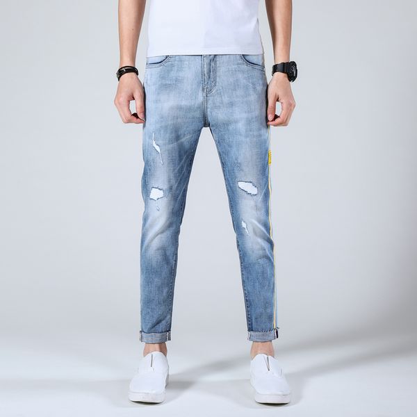 

men's jeans for men denim trousers hip hop casual pants autumn sweatpants streetwear male solid hole slim designer straight, Blue