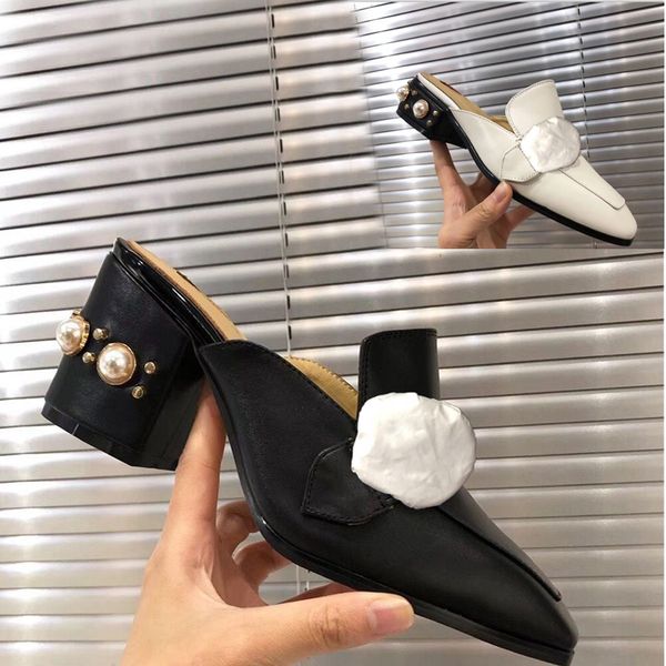 

classic women slippers soft cowhide metal heeled woman shoe beach lazy slippers luxury designer pearl cartoon slippers large size us5-11 42, Black