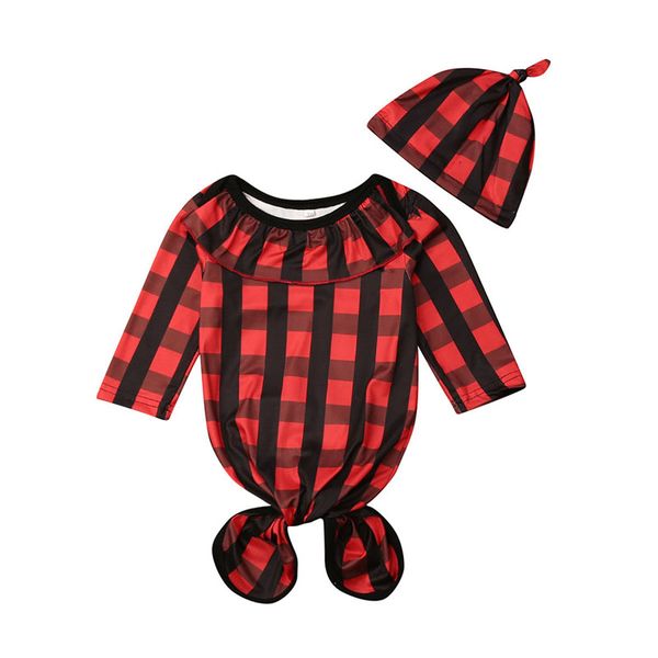

two-piece set baby long sleeve rompers autumn cotton plaid print sleepwear outfits+headband newborn sleeping bag set 0-24m, White