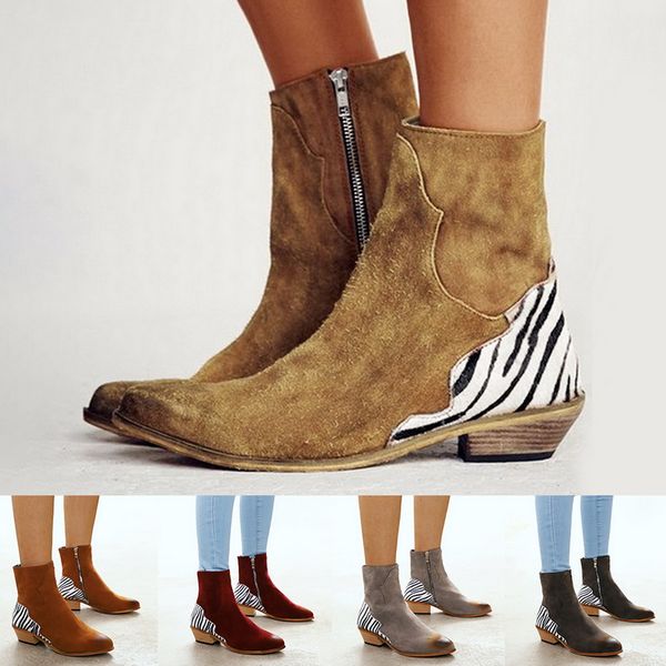 

zebra boots winter flock ankle boots flat square heel pointed toe zebra women ankle zip lady women, Black