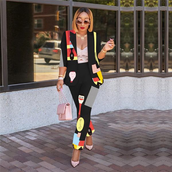 

2020 spring designer pants suit fashion digital printed womens suits female lapel neck loose clothing, White;black