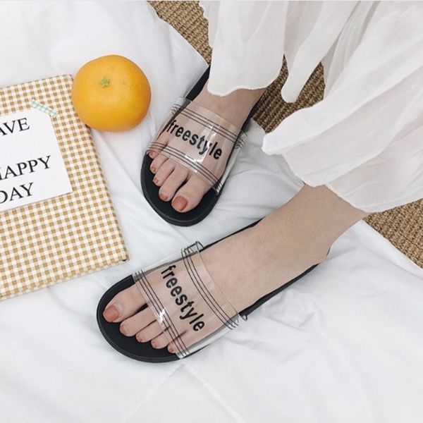 

transparent platform sandals women cozy slip on slides flat slippers celebrities style beach soft flipflops mujer, Black