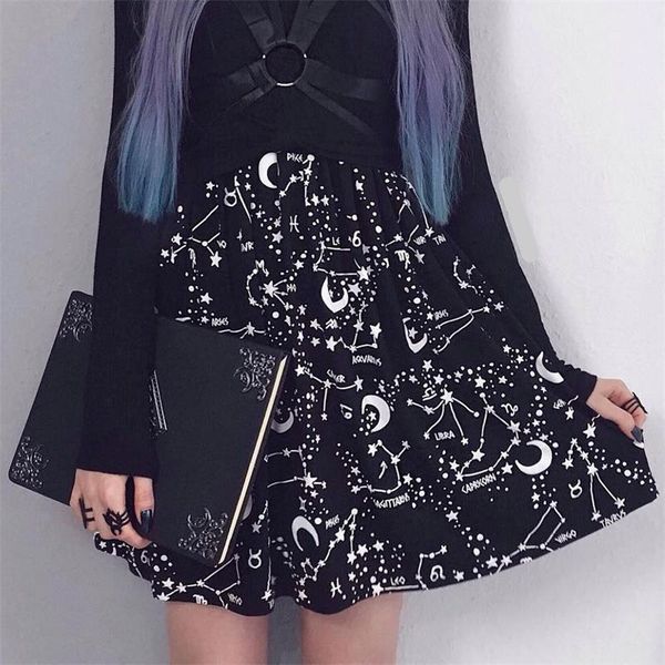 

women high waist punk black mini skirts constellation rock moon club outfits printed pleated gothic skirts
