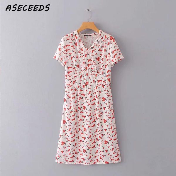 

vintage red cherry beach dress womens summer high waist mini dress korean vestidos v neck chiffon party 2019, Black;gray