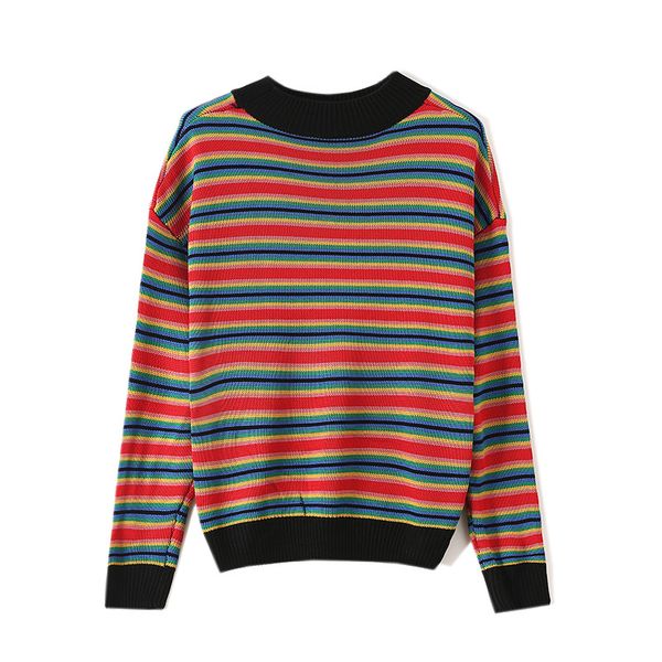 

sweater women's 2020 spring new fashion trend rainbow stripes hit color loose lazy wind pullover female sweater  women's s, White;black