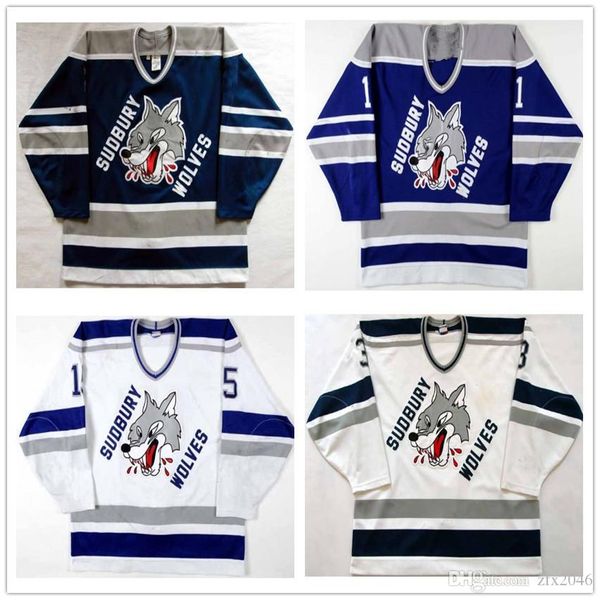 

custom ohl sudbury wolves 5 mike wilson 11 jeff shaw 15 kevin beaumont 3 matthew hodges hockey jerseys away blue white stitched customized, Black