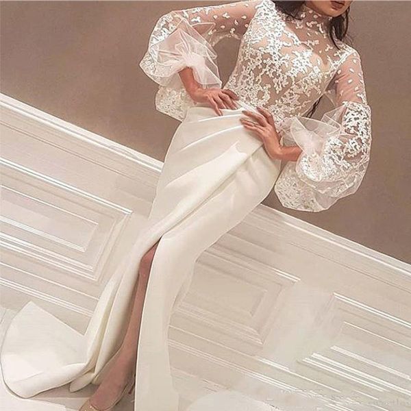 

2019 designer high neck white arabic evening dresses floor length lace appliques long big sleeve mermaid side slit prom gowns formal dress, Black;red