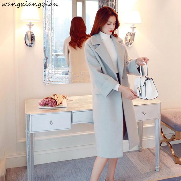 

long slim fit woolen coats for women 2019 fall winter turn down neck overcoat women's korean lapel thicken outwear female b182, Black