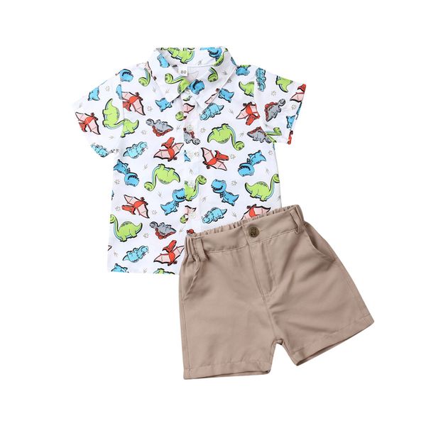 

2pcs toddler kids baby boy gentleman shirt +pants shorts dinosaur outfit set, White
