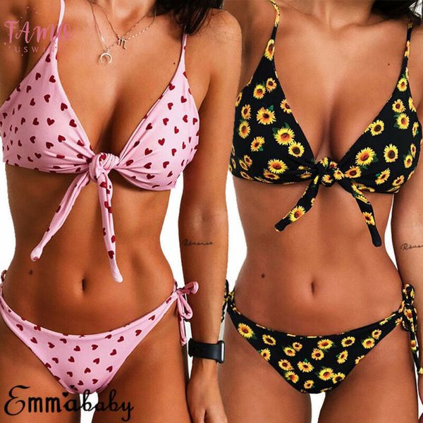 

2020 summer women bikini set bandage push up padded swimwear for ladies love heart polyester floral print swimsuit women bathing suit, White;black