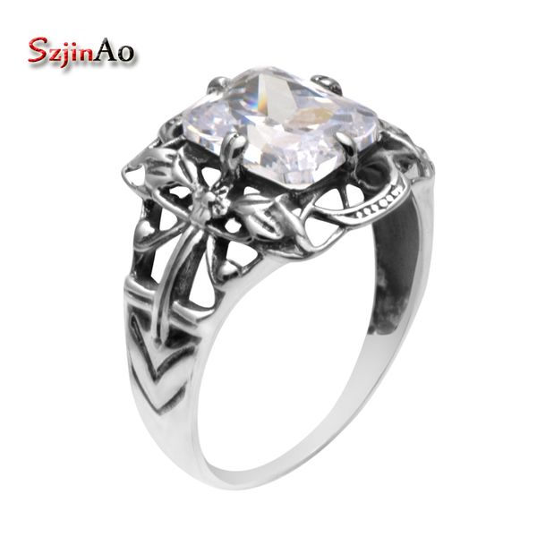

szjinao selling antique ring victoria simulated zircon 925 sterling silver rings for women wedding rings gift box, Golden;silver