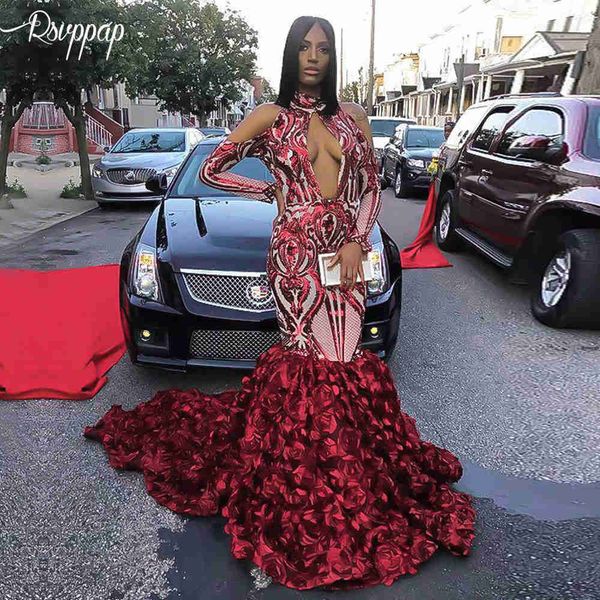 

long prom dresses 2019 elegant high neck long sleeve flowers lace african women burgundy sequin party prom dress, White;black