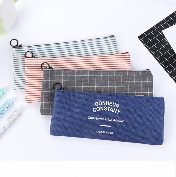 

2018 brief grid stripes canvas pencil bags stationery storage organizer case school pencial cases promotional gift stationery