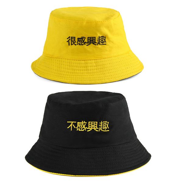 

2019 cotton double sided black yellow embroidery bucket hat fisherman hat outdoor travel sun cap hats for men and women 184