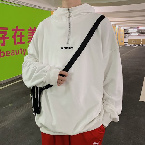 

2019 spring trend korean version of the campus wind loose small fresh solid color simple men's hooded casual pullover sports, Black