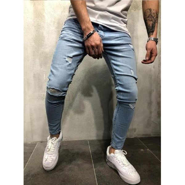 

men's europe and the united states new fashion jeans europe station hole slim print men's feet pants 3xl, Blue