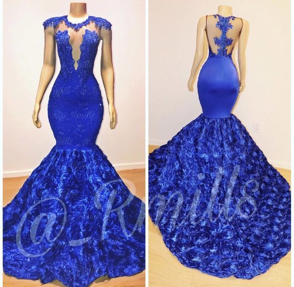 

2019 Новый Royal Blue Cap Рукава Кружева Русалка Длинные Платья Выпускного Вечера Тюль Кр