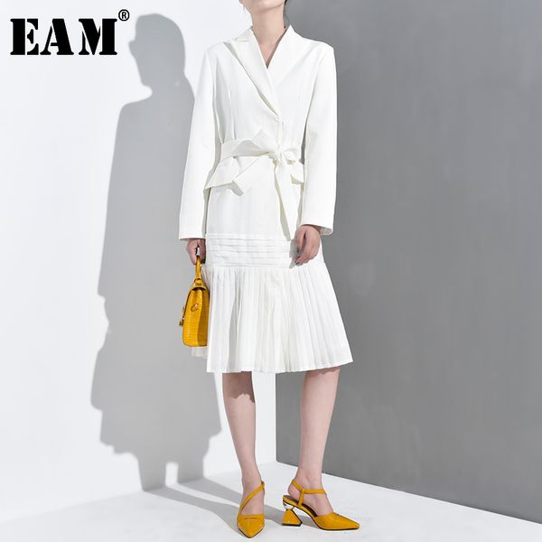 

eam] loose fit white pleated hem stitch bandage long jacket new lapel long sleeve women coat fashion tide spring 2020 ye615, Black;brown