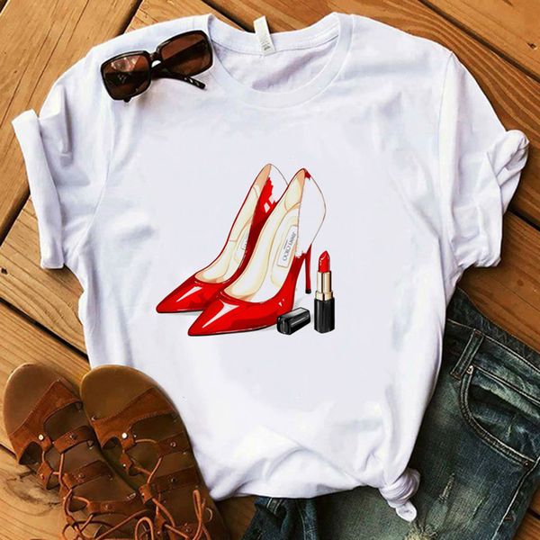 

red high heel t shirt print lady make up paris style t shirt women 100% cotton summer short girl t shirts, White