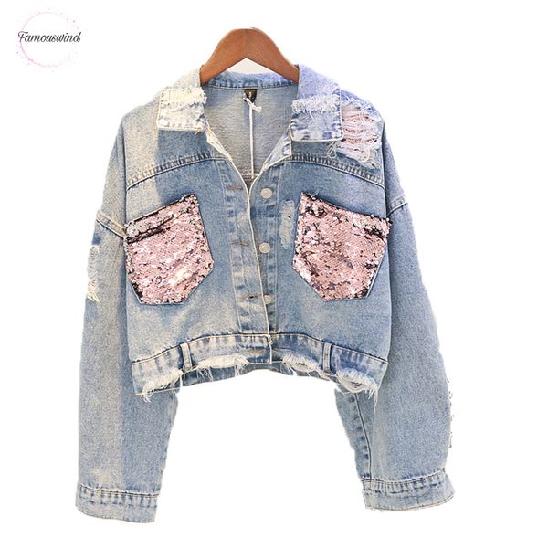 

hole 2019 jean jacket women spring short sequin denim jacket spring splice autumn jacket jackets for women female navel, Black;brown