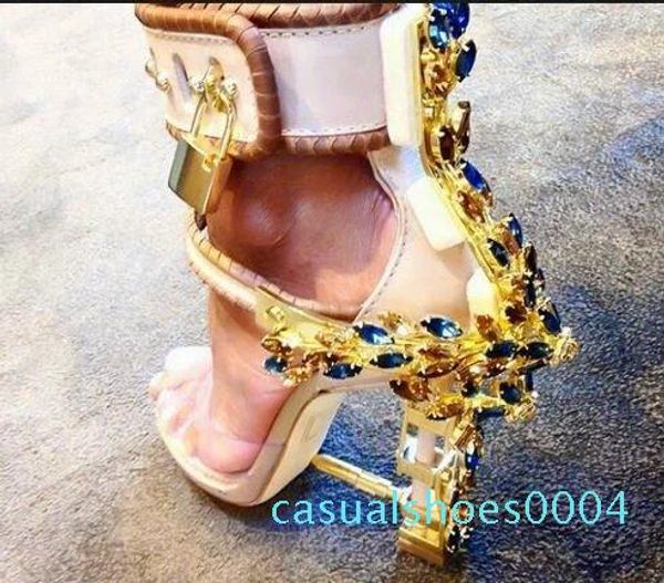 

luxury metal high heel crystal designer shoes woman pvc gladiator sandals padlock bejeweled ankle strap rhinestone sandal df24, Black