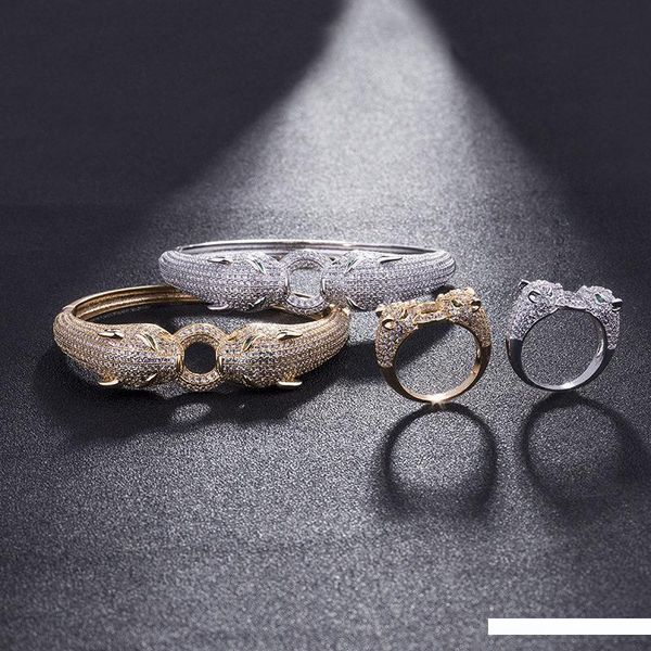 

cheetah rings bangles sets fashion double animals head design bracelets rings exquisite luxury wedding jewelry set lover gift, Slivery;golden