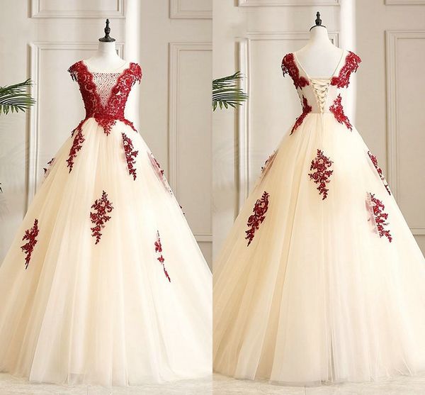 Escuro Vermelho Applique vestido de Baile Prom Doce 16 Vestidos 2019 Manga Curta Quadrado Espartilho Vestidos de Noite Vestidos De Quinceanera Vestido de Festa