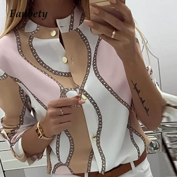 

fanbety women adjustable sleeve chains pineapple print button blouse shirts women elegant leisure v-neck basic blusas, White