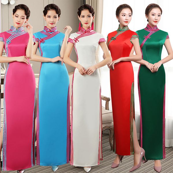 

solid color green elegant stage show handmade button silm qipao chinese traditional women dress vintage lady cheongsam, Red