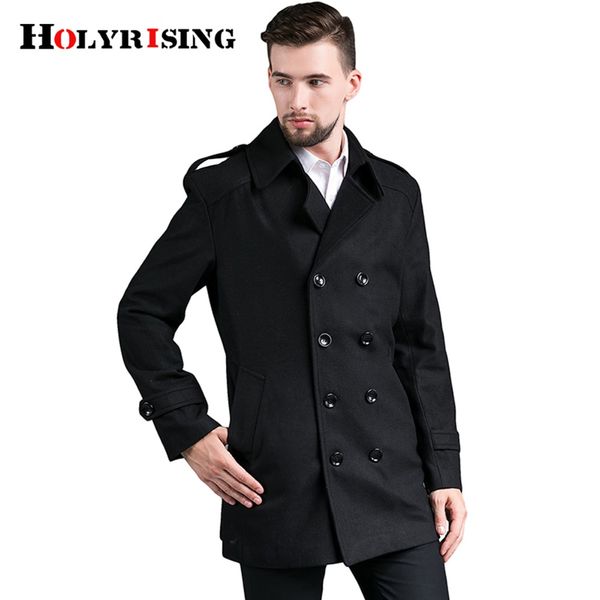 

holyrising men wool coats double button mens overcoat stylish slim jackets and coats woolen peacoat for male size s-4xl 18487-5, Black