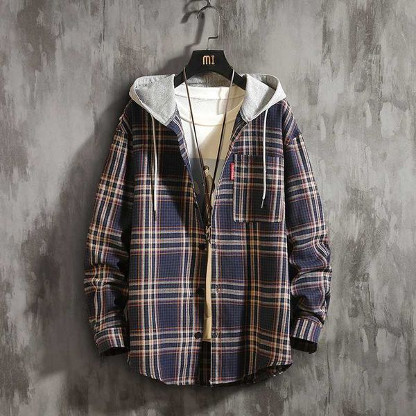 

autumn new shirt men fashion retro casual hooded shirt man streetwear wild loose long-sleeved male large size -5xl, White;black